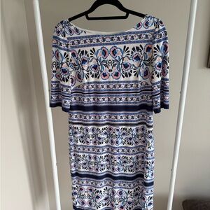 Eliza J White, Navy & Pink Floral Stripe Midi Dress